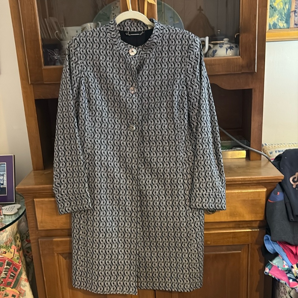 Sigrid Olsen Coat Women 10 Black White Long Geometric Abalone Shell Button
